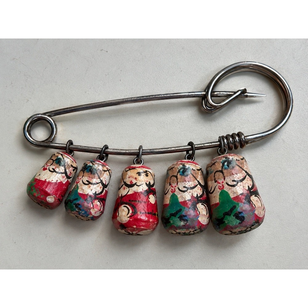 Vtg Santa Claus Brooch 5 Hand Painted Wood Santas Safety Pin Christmas Folk Art